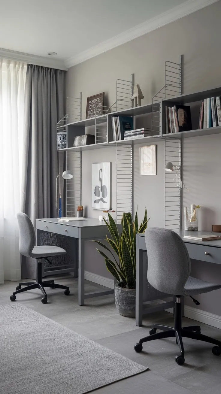 This grey study masterfully combines style and functionality, creating an inspiring oasis for productivity and contemplation, enhanced by a touch of nature.