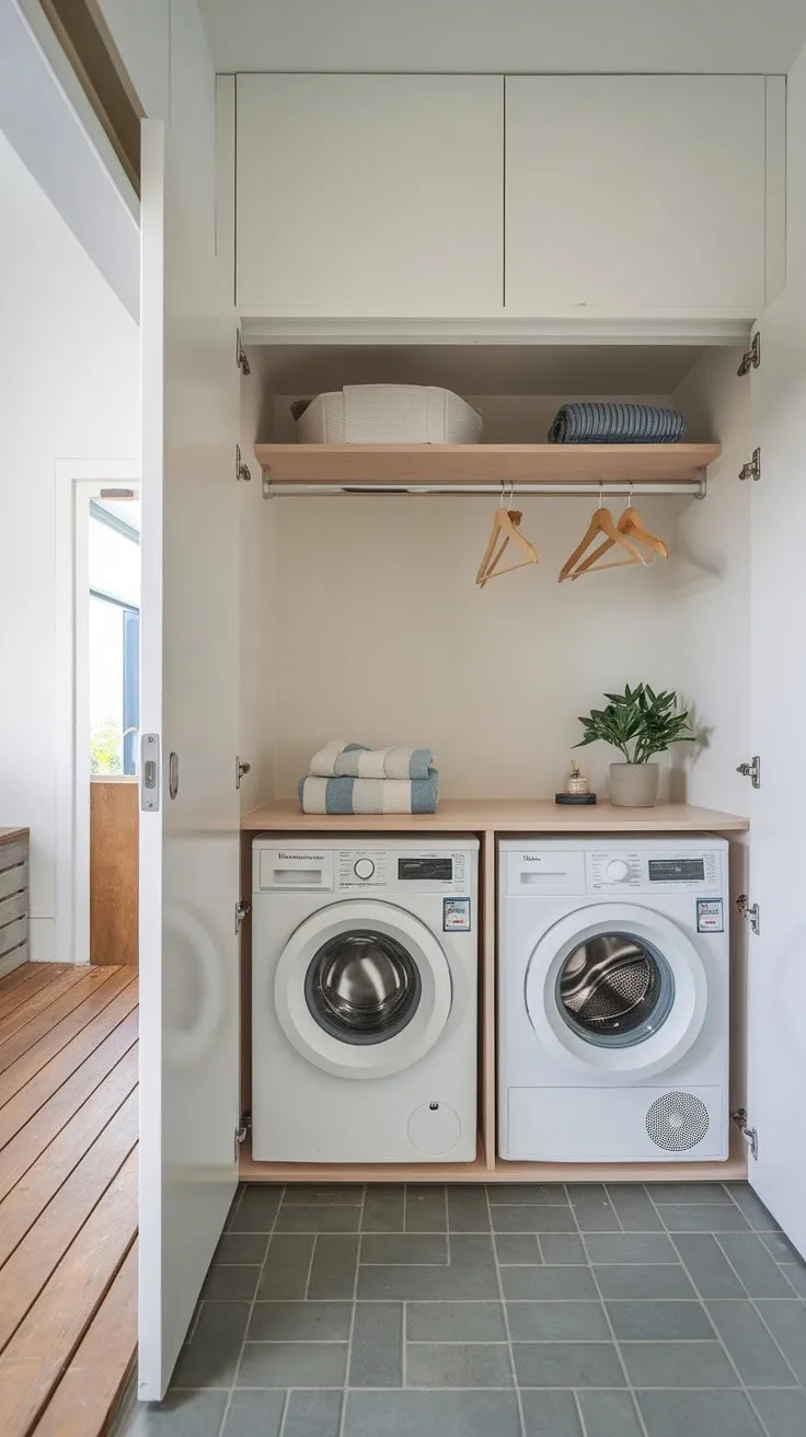 This sleek laundry room showcases how smart design transforms a compact space into a model of modern efficiency.