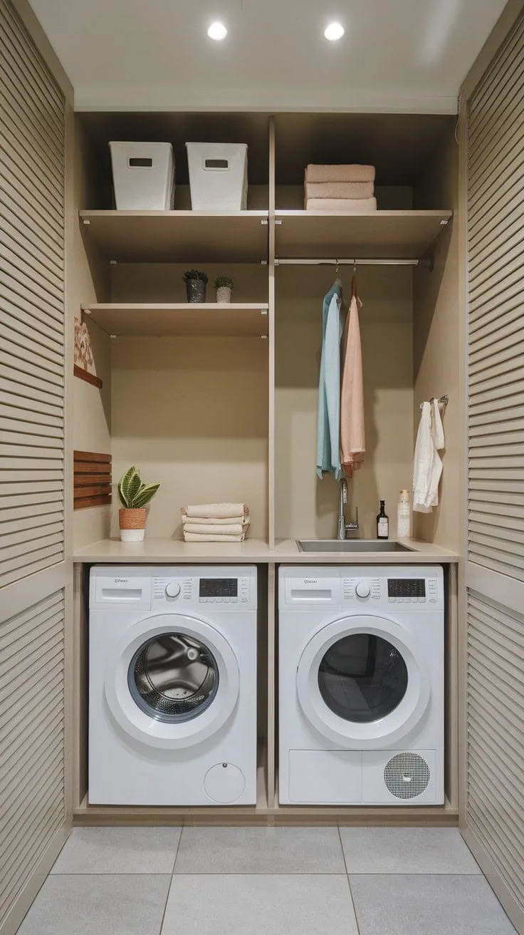 This compact laundry room showcases how smart design and stylish details can transform a small space into a surprisingly efficient and elegant haven.
