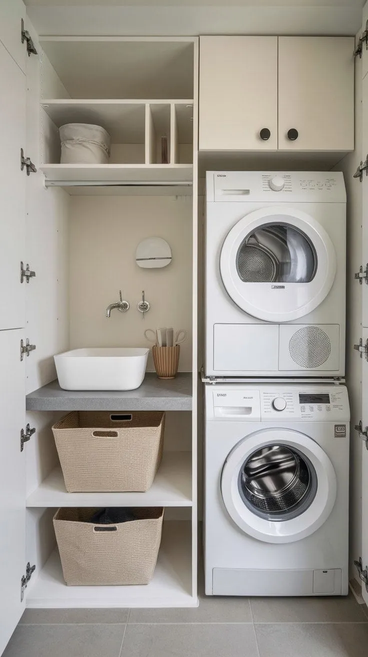 This compact laundry room showcases how smart storage and a stacked washer-dryer can transform even the tiniest space into a stylish and stress-free laundry haven.