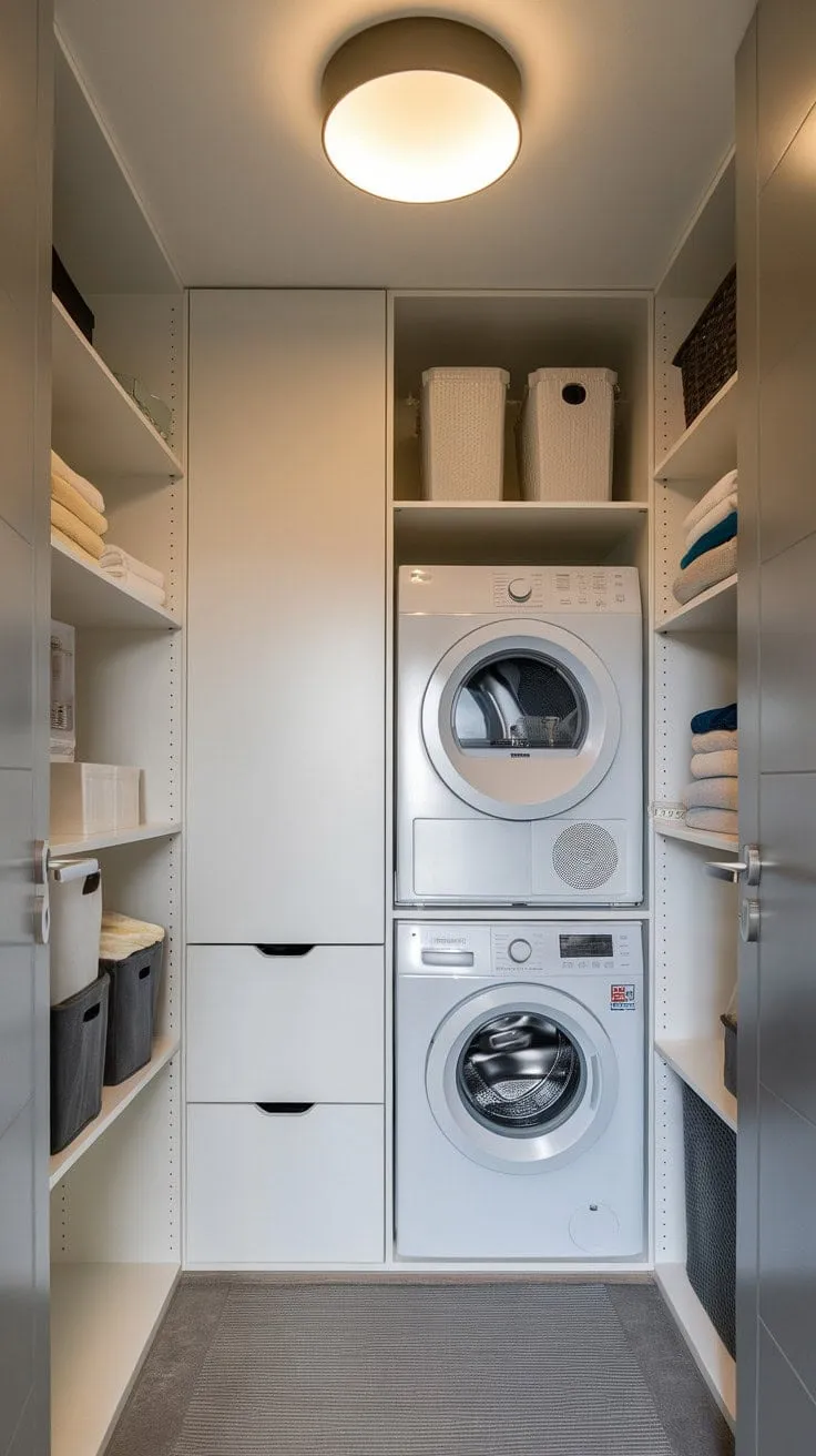 This ingeniously designed compact laundry room showcases how style and efficiency can thrive in even the tiniest spaces.