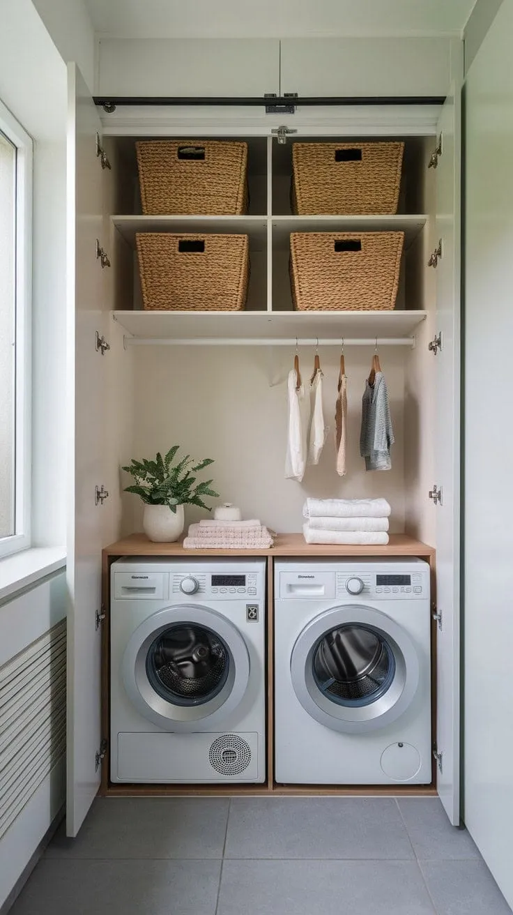 This stylish compact laundry setup combines a washer-dryer combo with smart storage and natural light, proving that efficiency and elegance can coexist in small spaces.