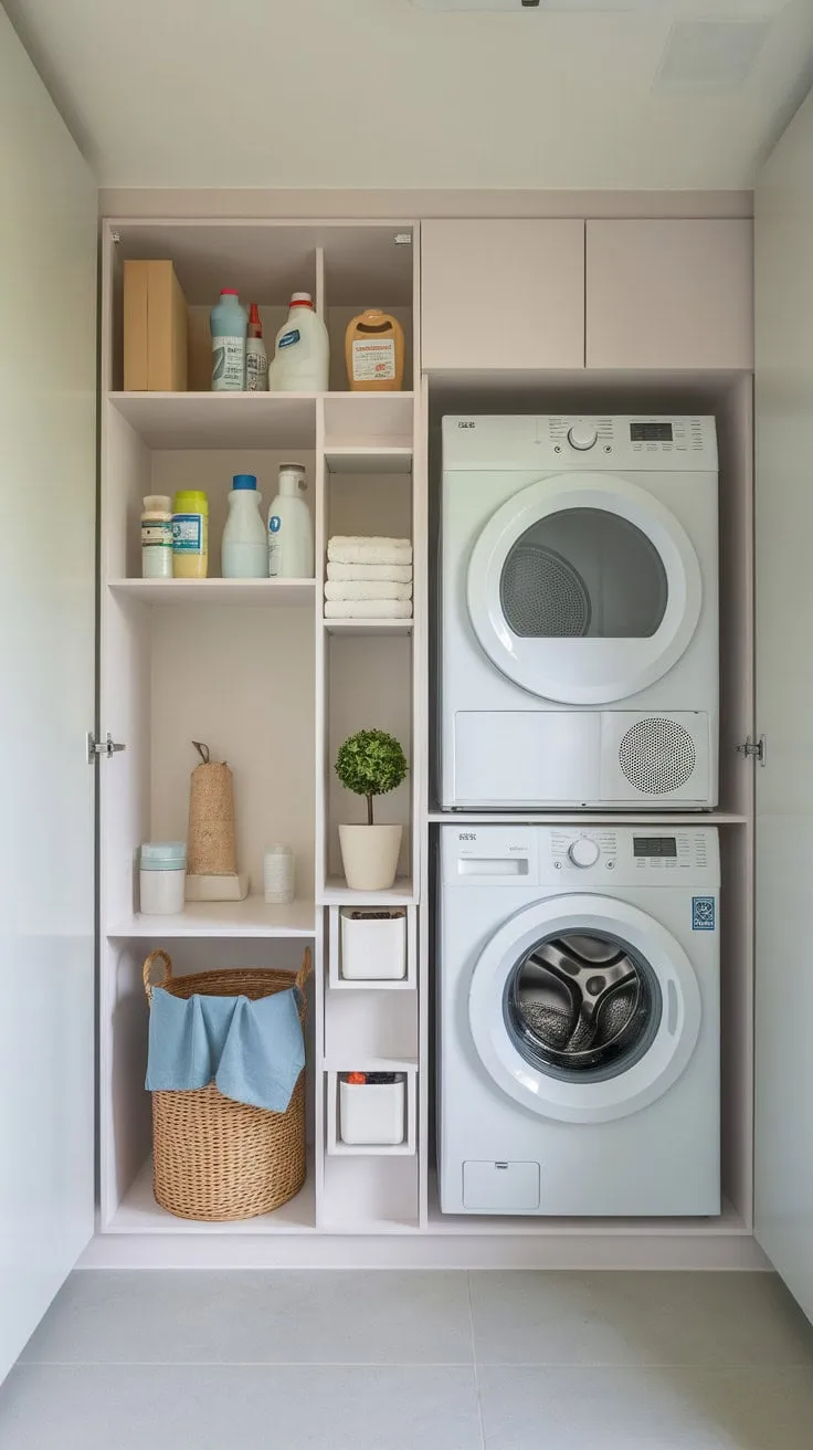 This compact laundry room cleverly combines sleek design with smart storage solutions, featuring stacked appliances and integrated shelving, all enhanced by a lively plant.