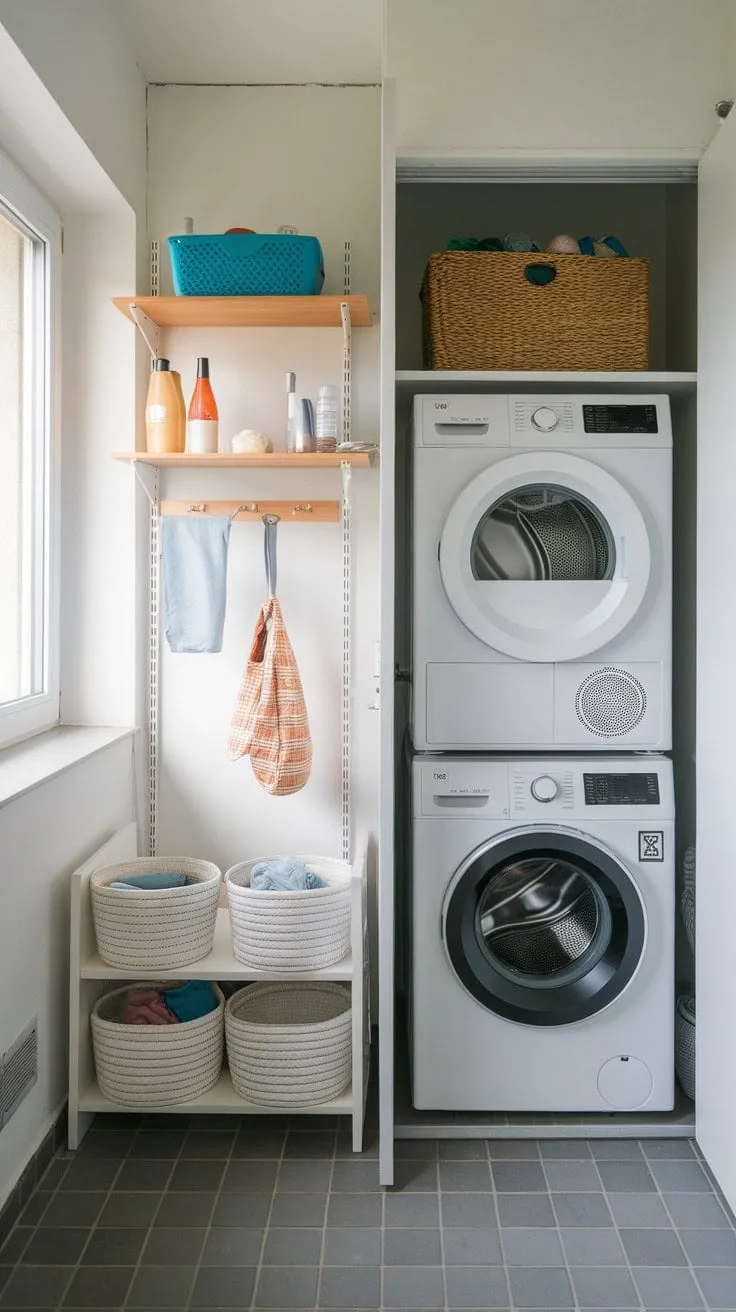 This compact laundry room cleverly combines sleek design with smart functionality, featuring stacked appliances and a bright windowed wall for an inviting, organized space.