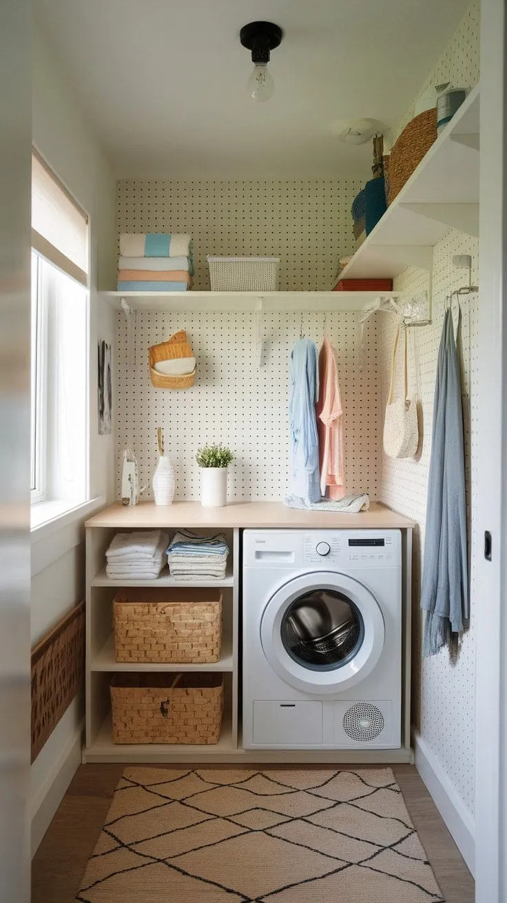 This stylish laundry room showcases how clever design and smart storage can transform a compact space into a functional and inviting haven.