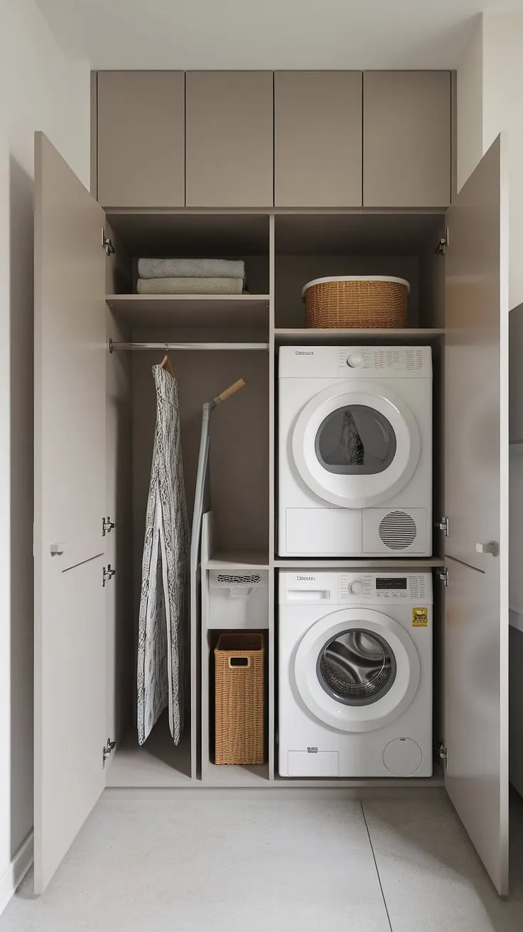 Maximize your small space with this efficient laundry room design. A compact washer and dryer combo, clever shelving for storage, and a foldable ironing board create a multifunctional laundry space that's both stylish and practical. A dream come true for even the smallest apartments.