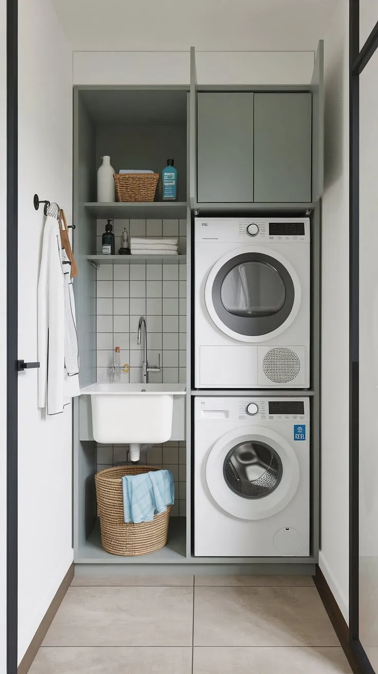 This small laundry room proves that big things come in small packages. A streamlined design featuring an integrated washer, dryer, and sink makes laundry day a breeze. A simple shelf above adds extra storage, keeping everything organized and within easy reach. A testament to smart space planning.