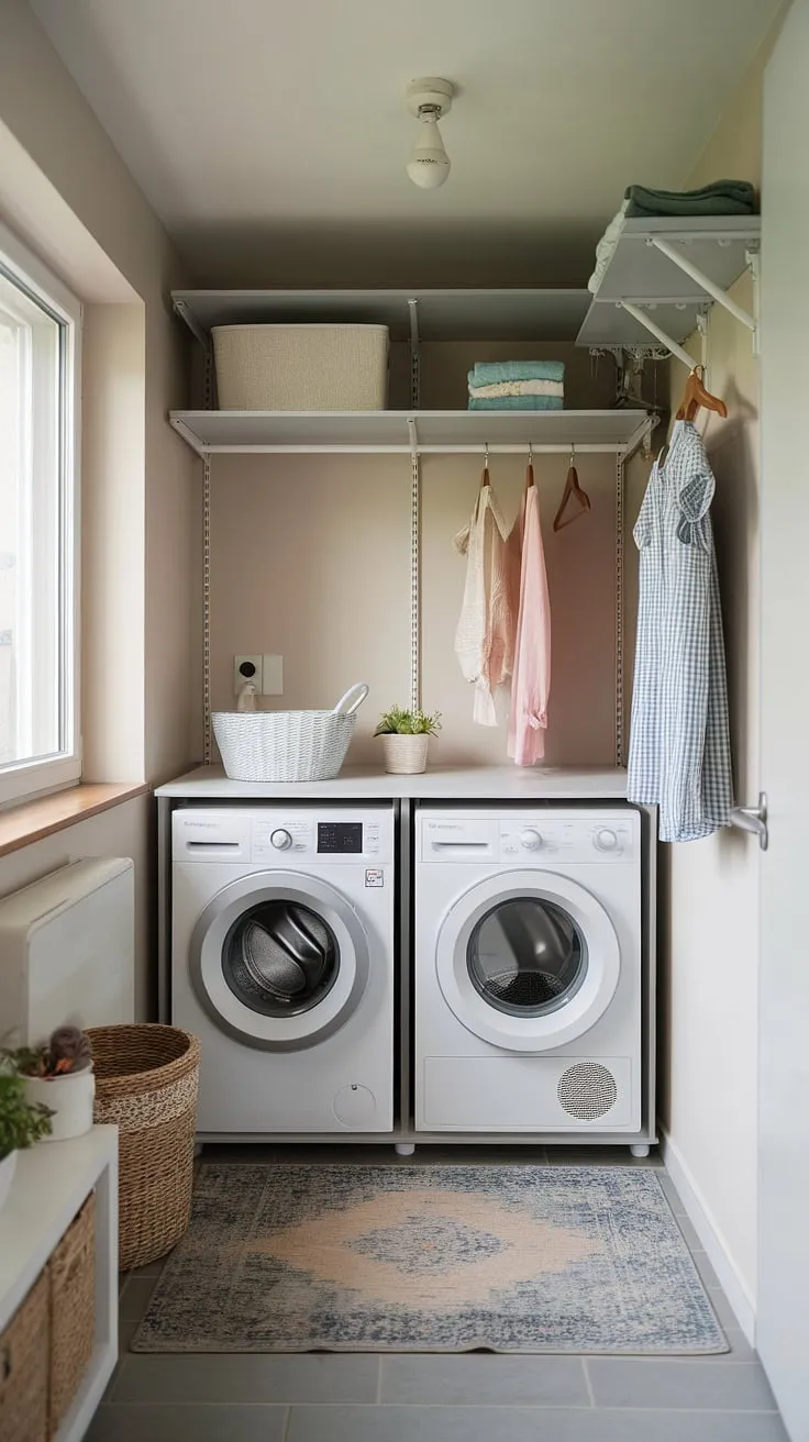 Maximize your space and minimize laundry day stress with this cleverly designed compact laundry unit. The added shelving and hanging rods provide ample storage and drying solutions, all within a bright and airy room. A perfect example of small-space living done right.