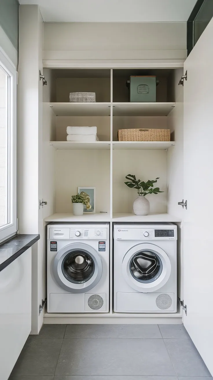 A small space? No problem! This laundry room proves that even a compact area can be both beautiful and highly functional. A well-designed unit and thoughtful storage solutions make laundry day a breeze. A testament to smart design.
