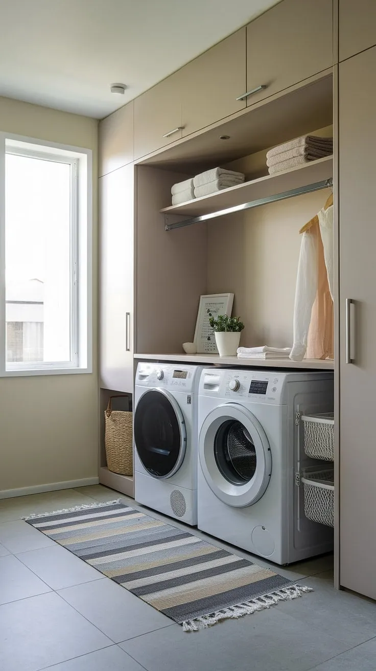 Maximize your small space with this stylish and efficient laundry solution. A compact washer and dryer combo, combined with smart storage, proves that even the smallest laundry room can be beautiful and functional. A well-designed space makes laundry day a breeze.