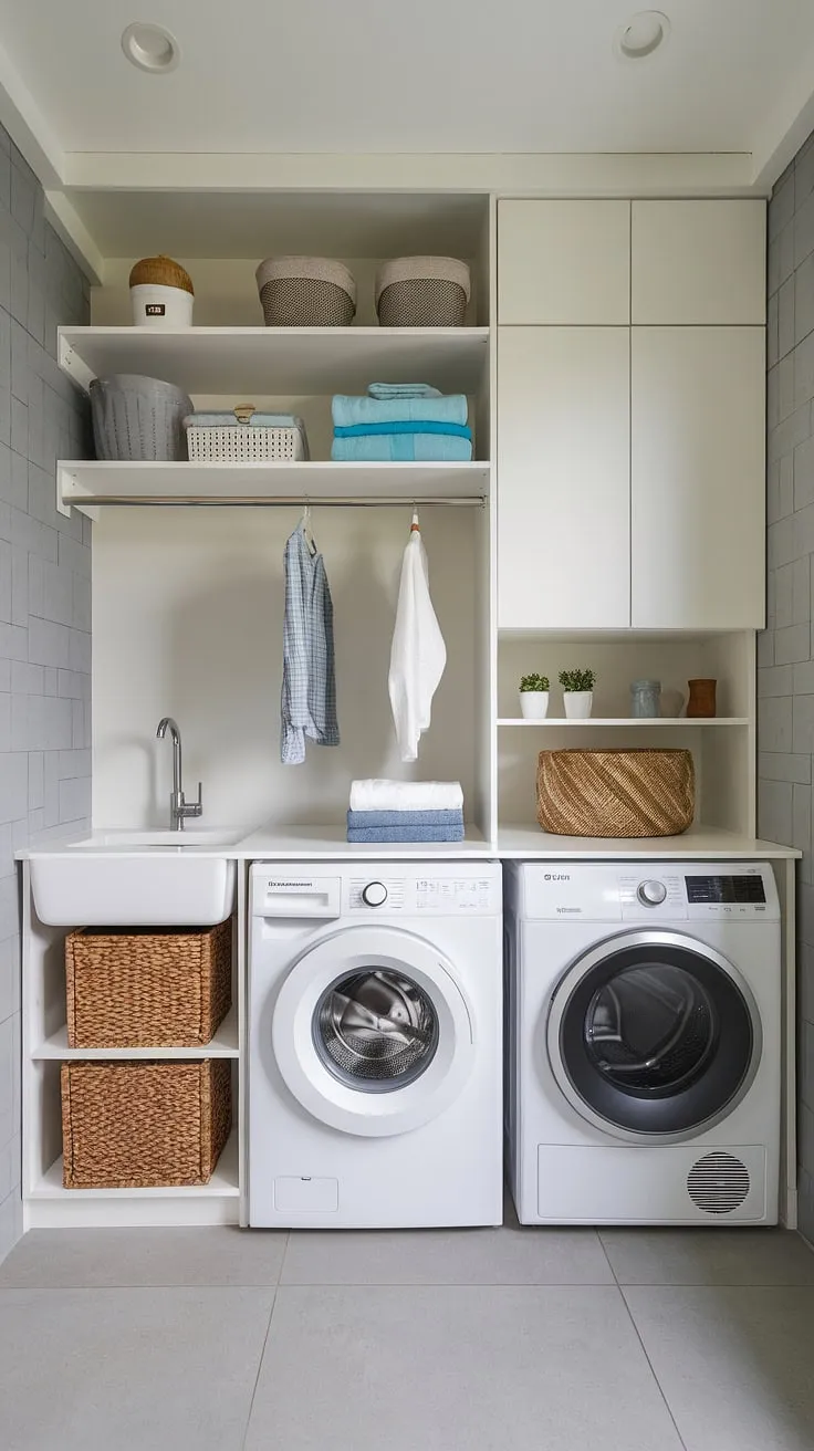 Maximize your space and minimize your laundry day stress with this efficient laundry room design. A compact washer and dryer combo, smart storage solutions, and a stylish countertop create a multifunctional space that's both beautiful and practical. A dream come true for even the smallest homes.