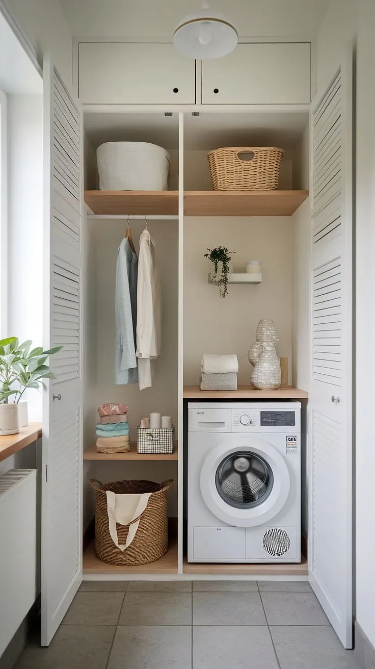 Maximize your space and minimize laundry day stress with this cleverly designed compact laundry room. A stylish and functional solution for even the smallest homes, proving that A little ingenuity goes a long way.