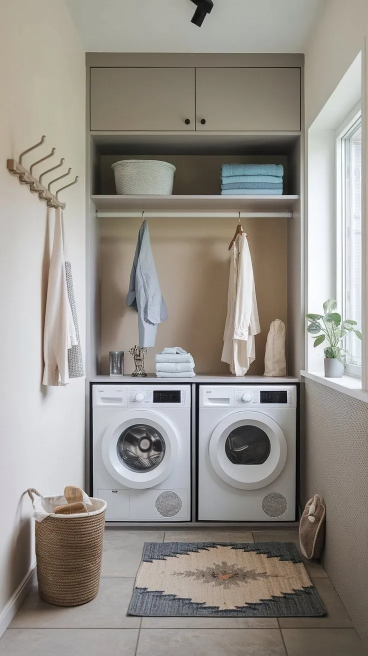 This a efficient laundry room proves that small can be mighty. A streamlined design, clever storage solutions, and a touch of natural light create a functional and inviting space, perfect for even the smallest homes.