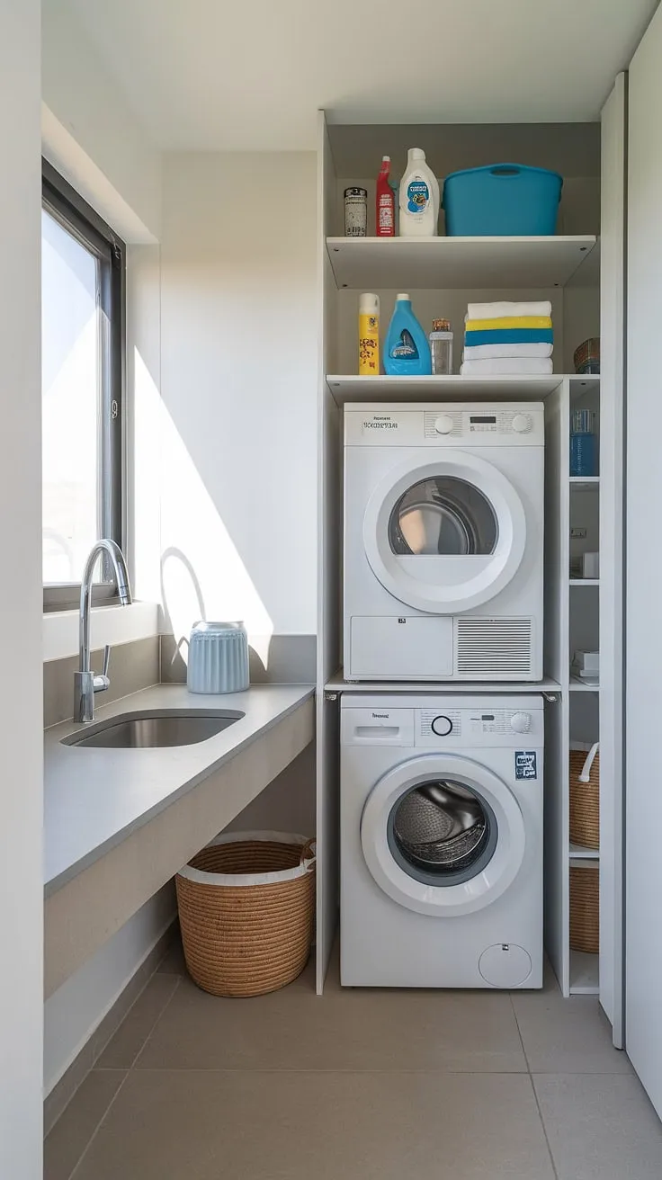 Maximize your space and minimize your laundry woes with this efficient laundry room design. The stacked washer and dryer, combined with the convenient countertop and ample storage, make laundry day a breeze. A small window lets in natural light, brightening even the most compact of spaces.