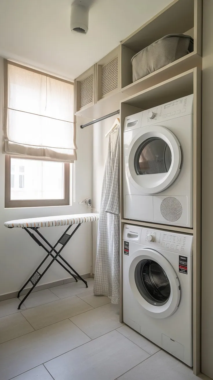 This efficient laundry room proves that small can be mighty. A wall-mounted washer and dryer unit, combined with a built-in ironing board and smart storage solutions, creates a surprisingly spacious and practical area. A testament to the power of A well-planned compact design.