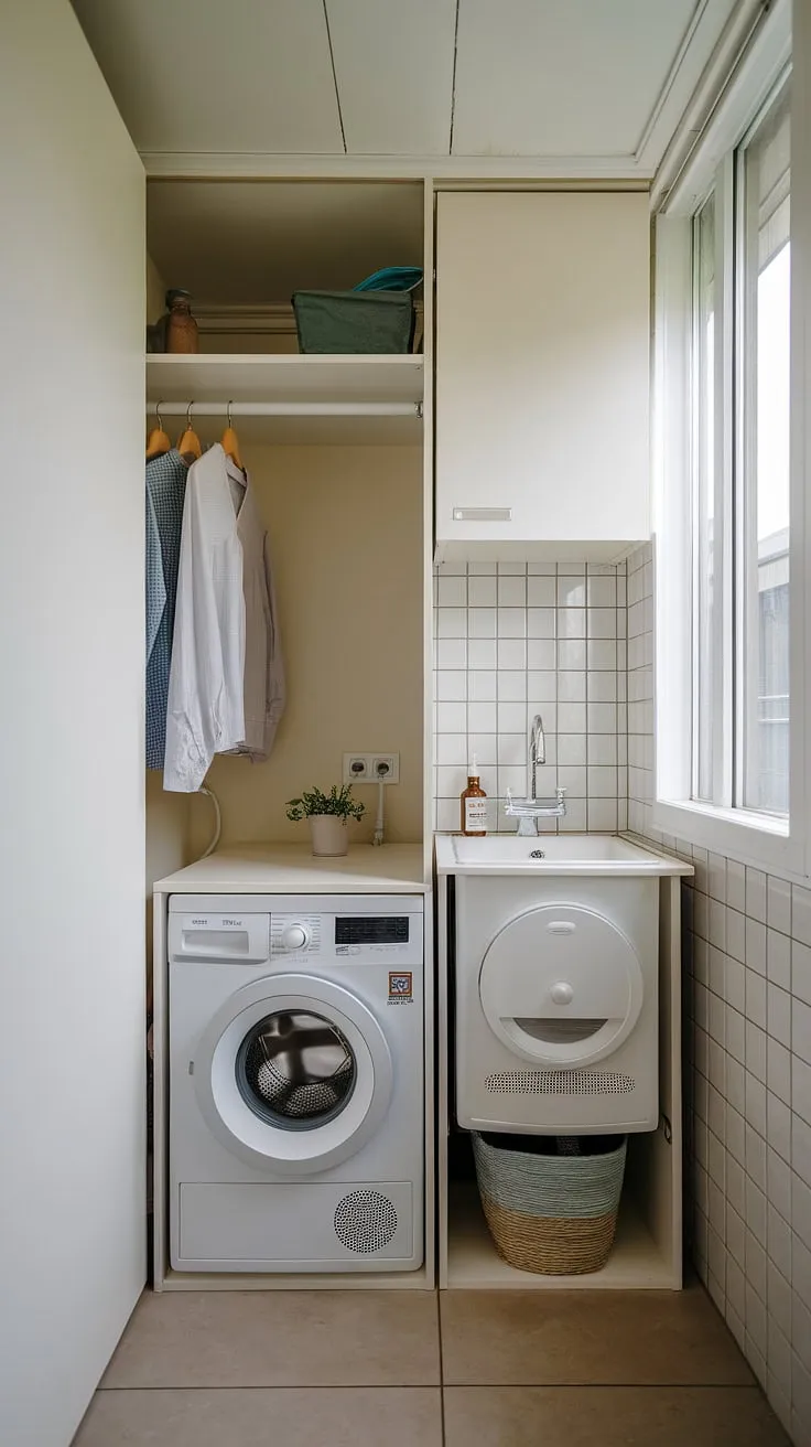 Maximize your space and minimize your laundry day stress with this cleverly designed compact laundry unit. A small footprint doesn't mean sacrificing functionality; this setup proves you can achieve both style and efficiency in even the tiniest of spaces. A perfect blend of form and function.