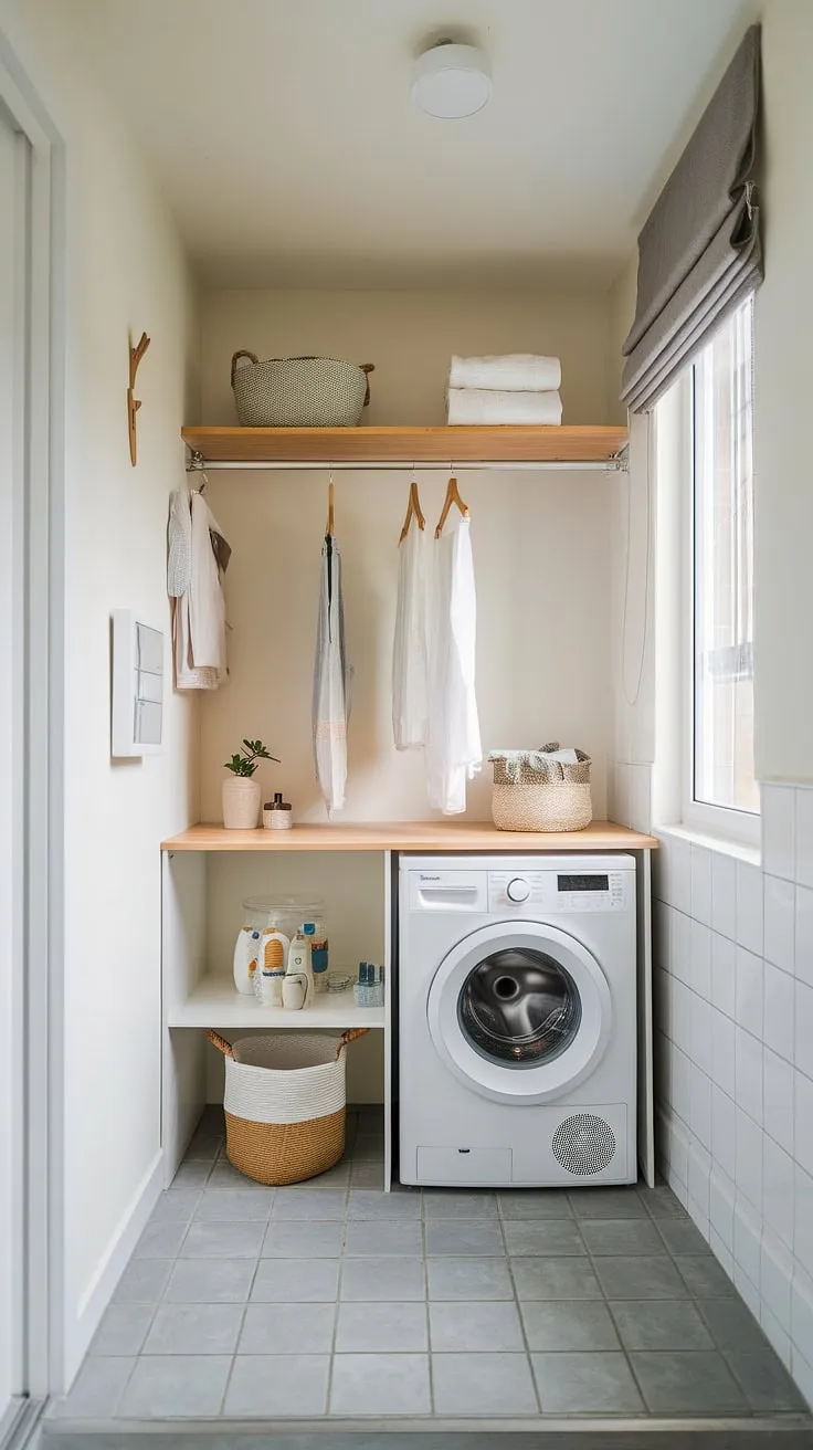 A small space doesn't mean sacrificing style or functionality. This cleverly designed laundry room proves that a compact unit and smart storage can create a beautiful and efficient space for all your laundry needs. A perfect example of making the most of what you have.