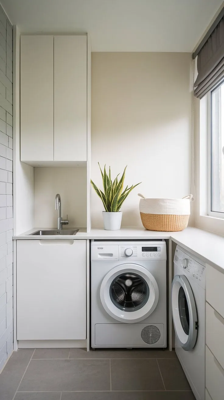 A small footprint, a big impact. This cleverly designed laundry room proves that functionality and style can coexist, even in the smallest of spaces. A perfect blend of practicality and aesthetic appeal.