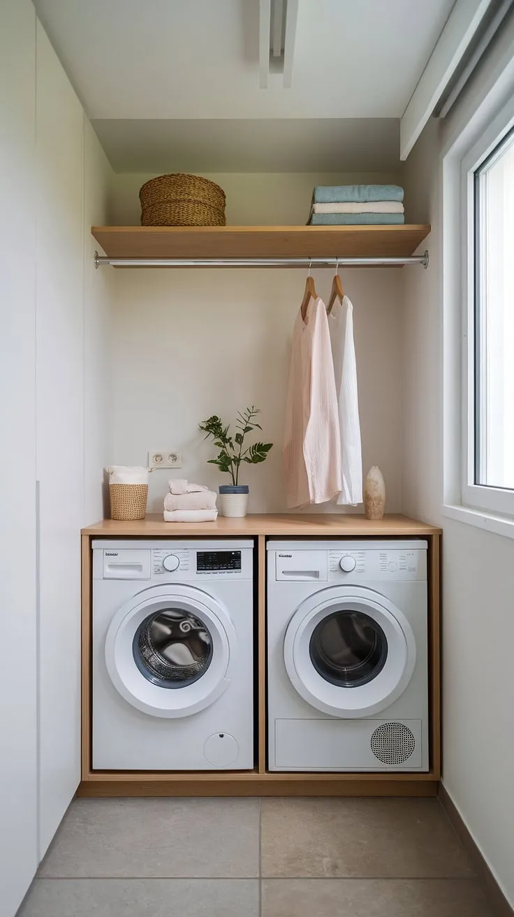 Maximize your space and minimize laundry day stress with this cleverly designed compact laundry unit. The added shelving provides ample storage, proving that even the smallest rooms can be stylish and functional. A bright window completes the look.