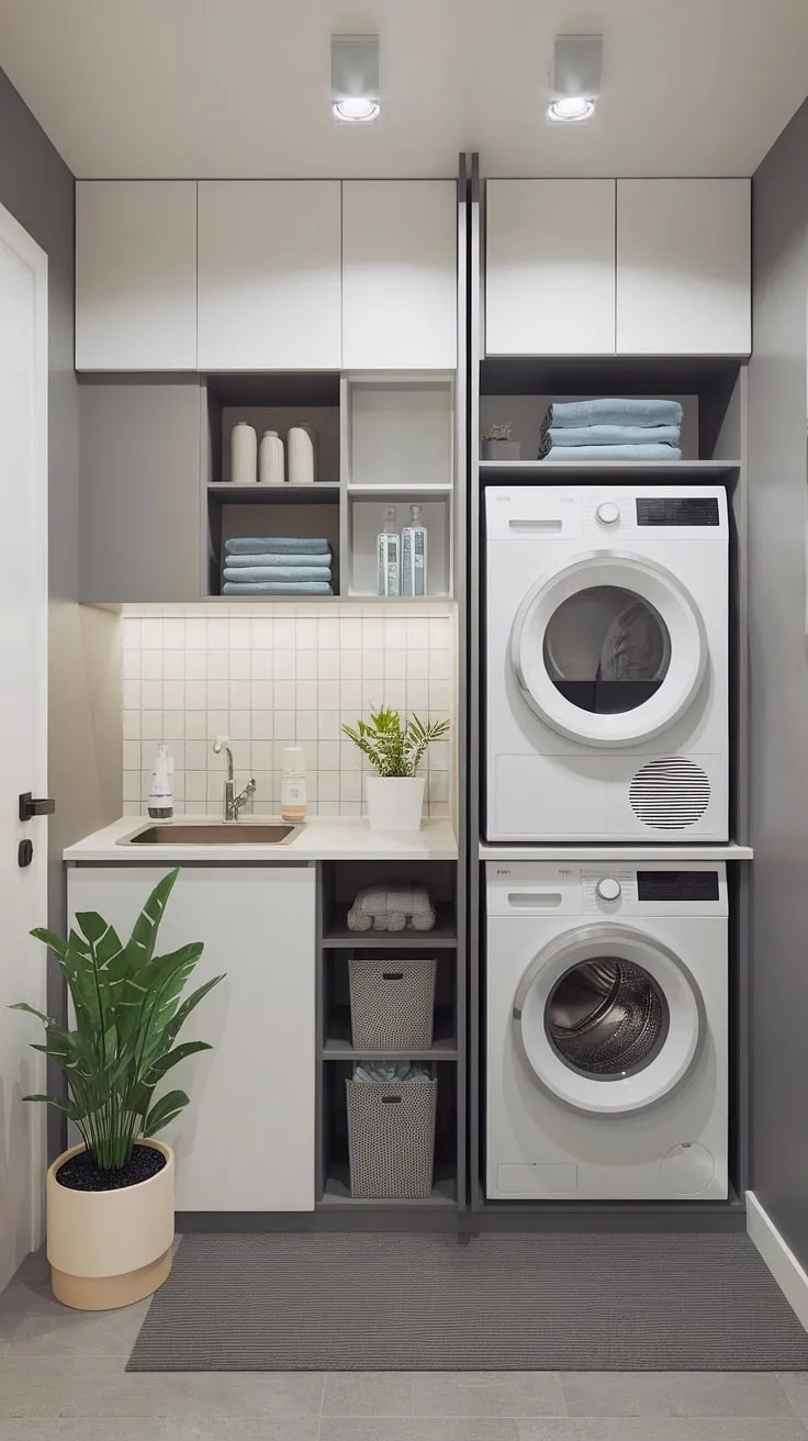 Maximize your space and minimize your laundry day stress with this efficient laundry room design. A compact washer and dryer combo, smart storage solutions, and a touch of greenery create a functional and stylish haven. A perfect example of how a little space can go a long way.