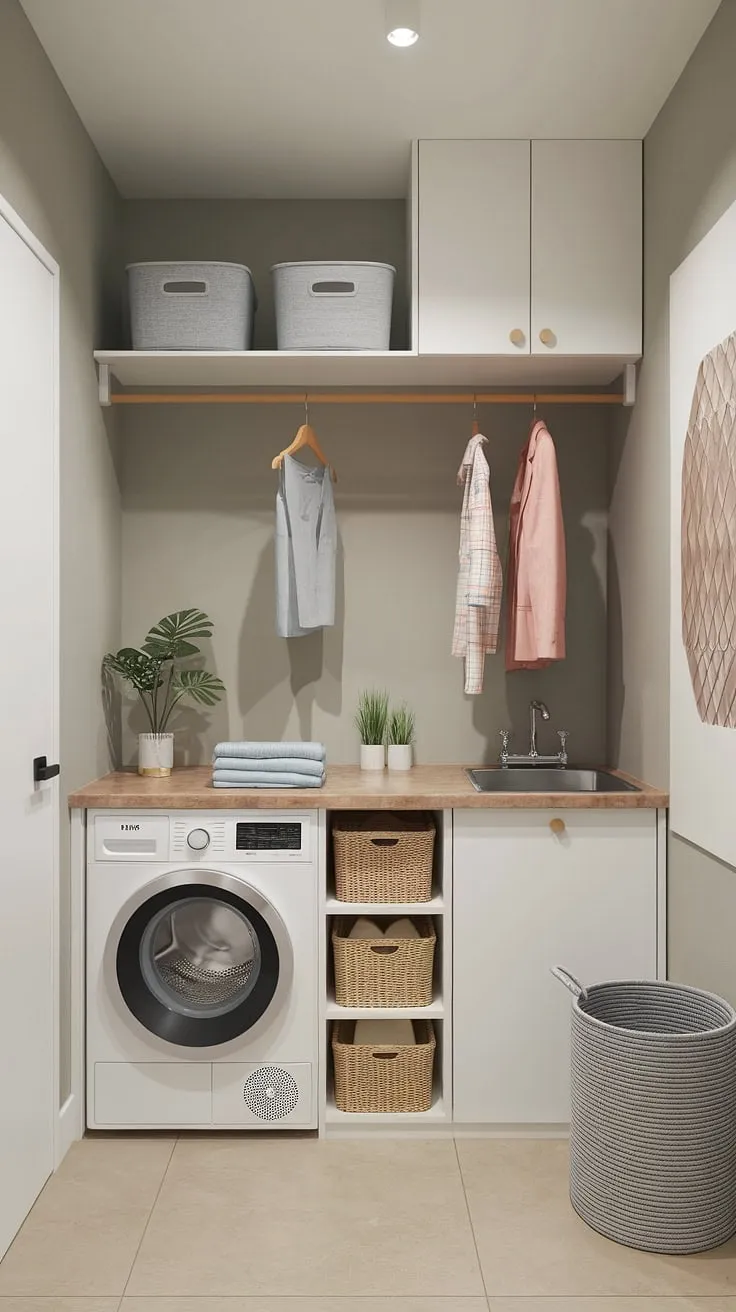 Maximize your space and minimize laundry day stress with this cleverly designed compact laundry room. The integrated unit, ample storage, and convenient folding counter make even the smallest space feel functional and stylish. A perfect blend of form and function.