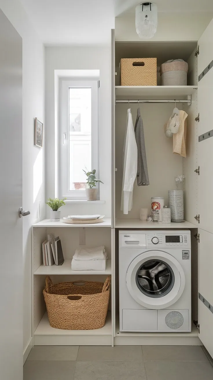 Maximize your space and minimize your laundry woes with this cleverly designed compact laundry room. A bright, functional space that proves even the smallest area can be stylish and efficient. A perfect blend of form and function, this room showcases how thoughtful design can transform a tight space into a productive haven.