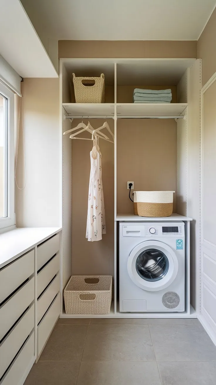 This petite laundry room proves that big things can come in small packages. A well-designed space with a compact laundry unit, ample storage, and a touch of natural light creates a surprisingly spacious and efficient area. A perfect example of how smart design can transform even the most challenging spaces.
