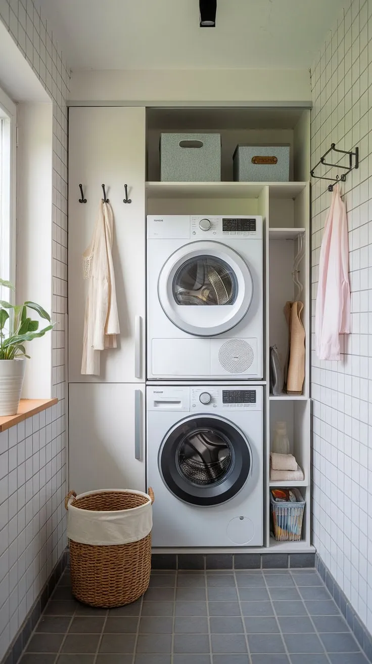 This small but mighty laundry room proves that big things come in small packages. A cleverly designed space with a stacked washer and dryer, ample storage above, and a cheerful window makes laundry day a breeze. A simple laundry basket and wall hooks add to the room's efficient and organized feel.