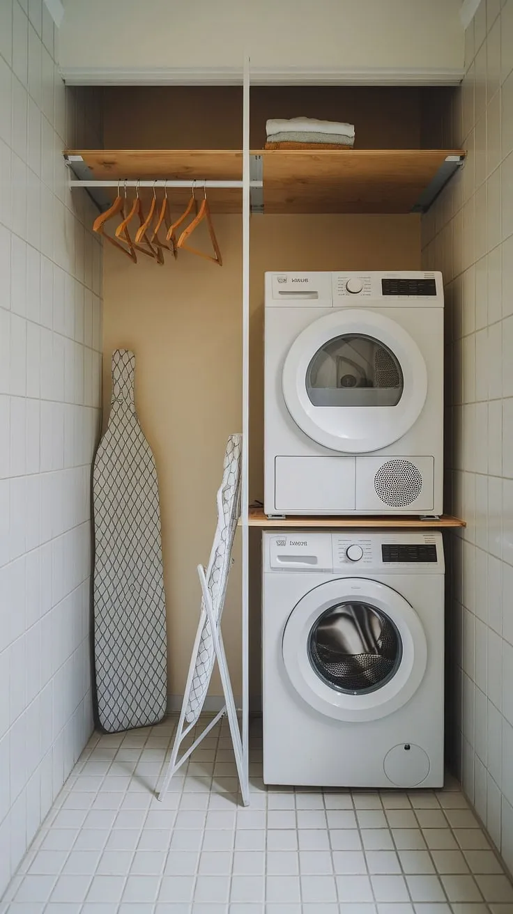 Maximize your space and minimize your laundry day stress with this compact laundry room design. The stacked washer and dryer, combined with the clever overhead drying rack, makes even the smallest space feel functional and stylish. A foldable ironing board tucked away completes this efficient setup.