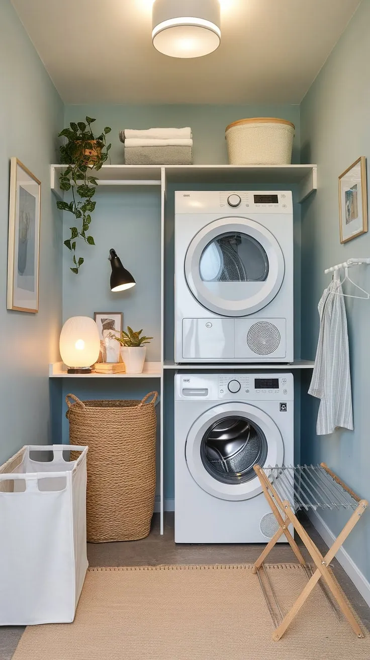 This cleverly designed laundry room is a testament to the power of smart space planning. A stacked washer and dryer unit saves valuable floor space, while the added shelf provides ample storage. The calming blue walls and thoughtful additions like a plant and lamp create a surprisingly serene atmosphere. A functional and beautiful space, perfectly sized for modern living.