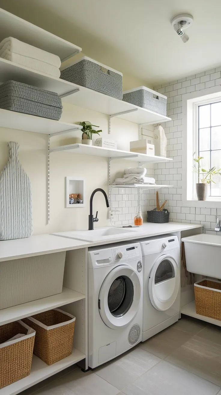 Maximize your space and minimize laundry day stress with this efficient laundry room design. Clever storage solutions and compact appliances make even the smallest space feel functional and bright. A well-designed laundry room is more than just a chore; it's a haven of organization and practicality.