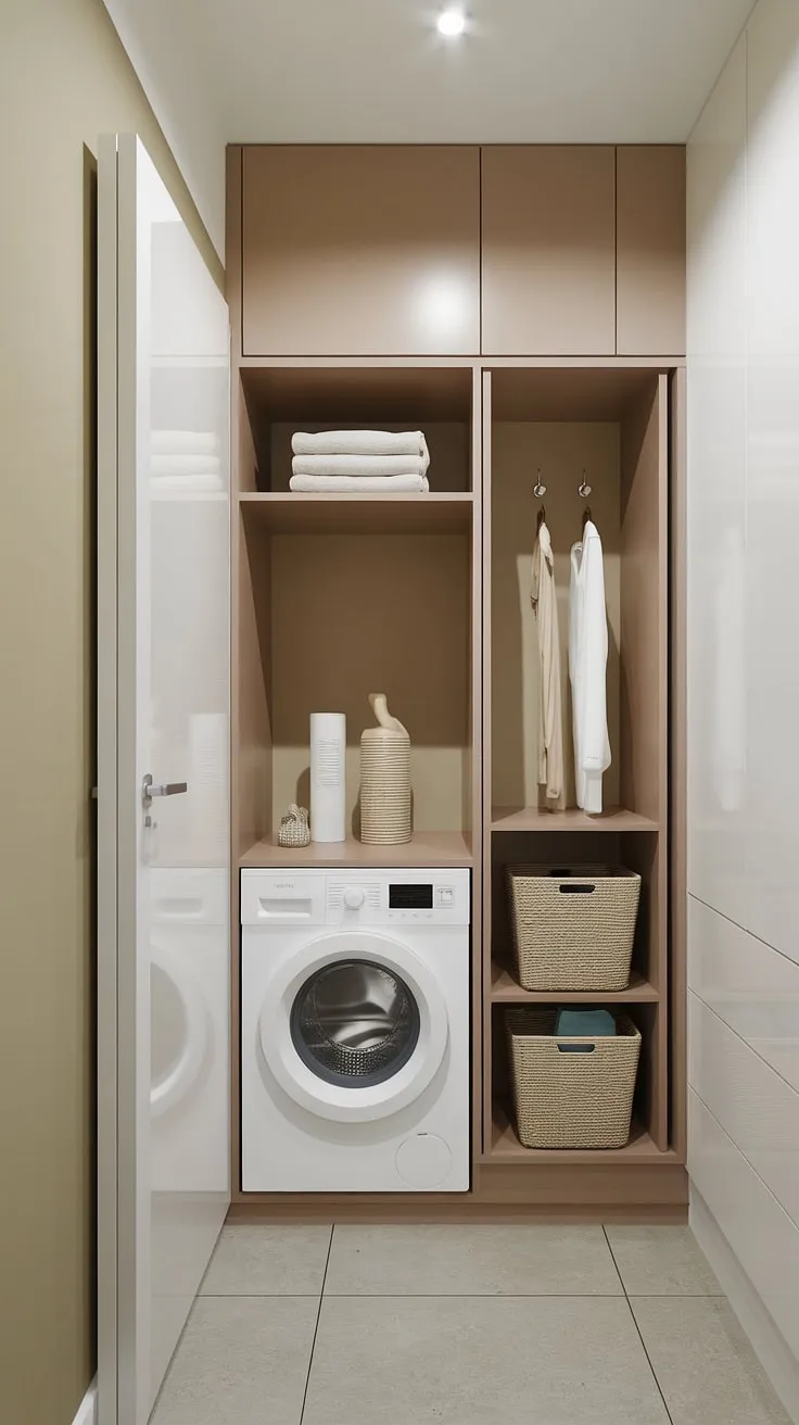 A small space? No problem! This cleverly designed laundry room proves that even a compact area can accommodate a complete laundry system. A perfect blend of form and function, this setup offers convenience and style without compromising on storage. A dream for apartment living.