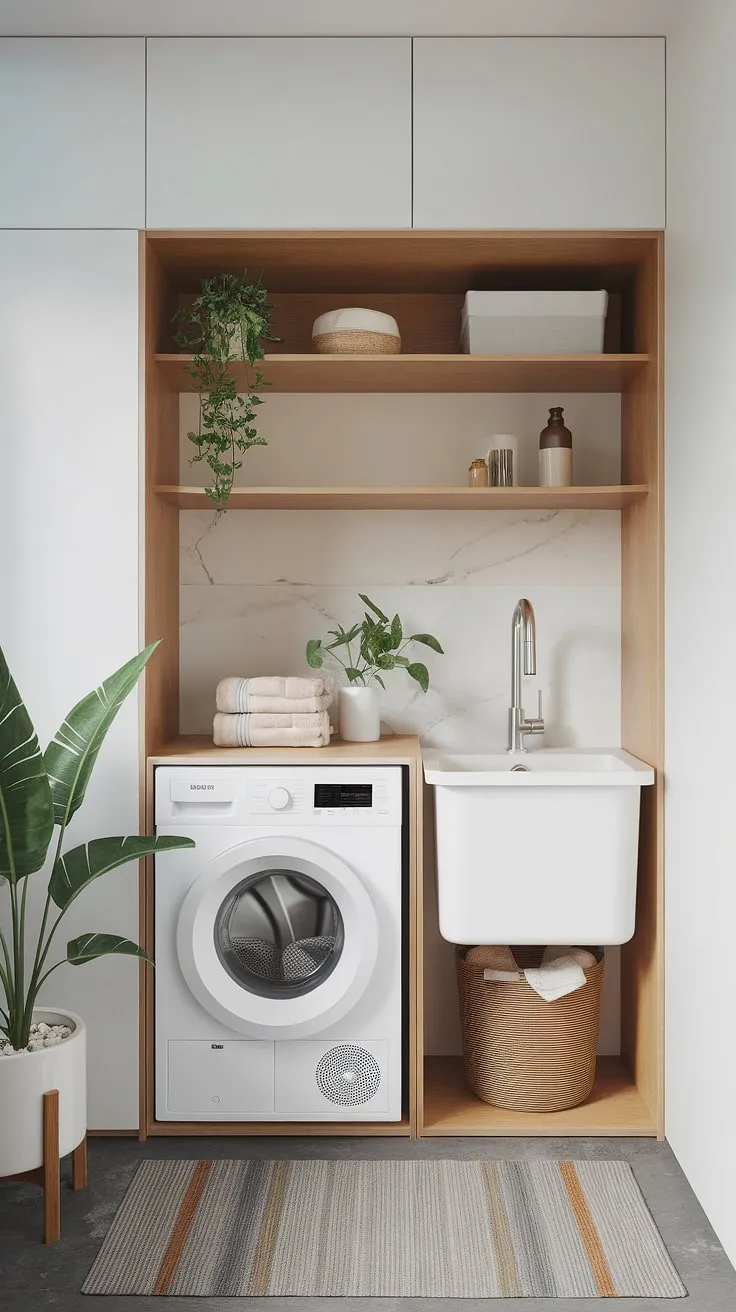 Maximize your space and minimize your laundry day stress with this efficient, compact laundry unit. A stylish and functional solution for even the smallest homes, it seamlessly blends form and function. A touch of greenery adds a refreshing element to this bright and airy space.
