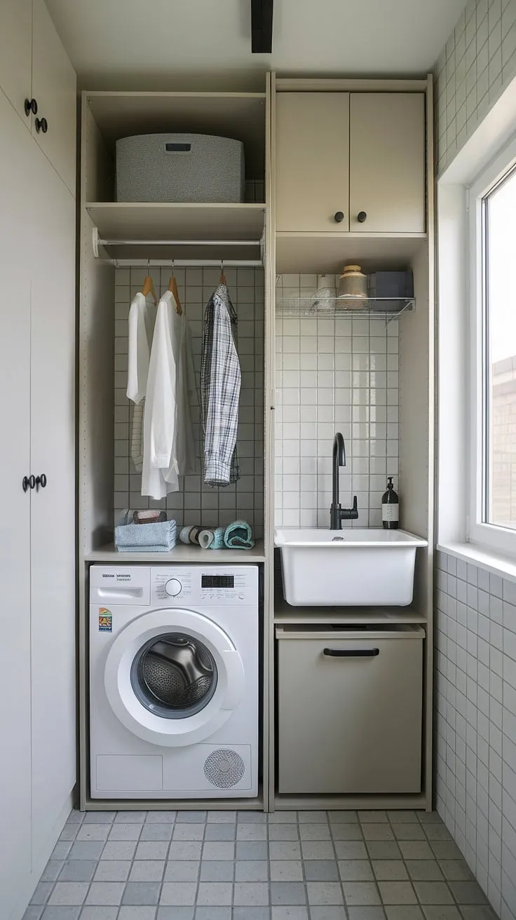 This small-space laundry solution proves that big things can come in small packages. A compact washer/dryer combo, convenient sink, and smart storage create a surprisingly efficient and aesthetically pleasing laundry room. A window adds brightness, making chores feel less like a chore.