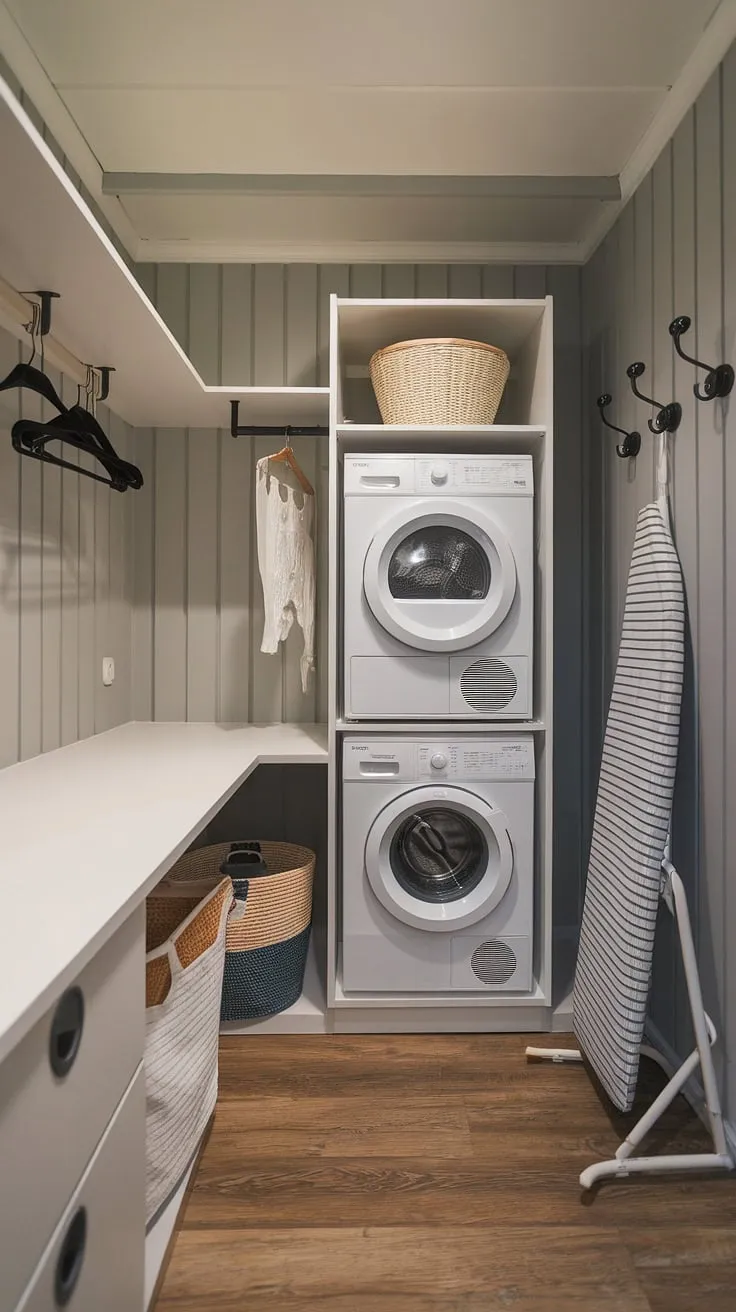 A small space doesn't mean sacrificing style or convenience. This laundry room showcases how a compact washer and dryer, combined with smart storage solutions like a foldable ironing board and wall-mounted hooks, can create A truly functional and aesthetically pleasing space. A testament to efficient design.