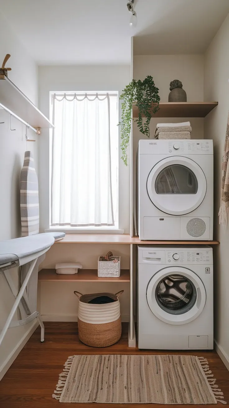 Maximize your space and minimize your laundry day stress with this efficient laundry room design. A compact washer and dryer stack saves valuable floor space, while the added shelving and counter provide ample storage and workspace. A perfect blend of functionality and style.
