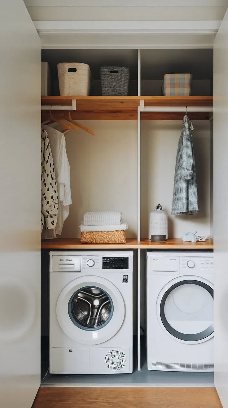 Streamlined style meets practical function in this compact laundry room. The clever use of space, including a wooden shelf for storage and a hanging rod for quick drying, maximizes efficiency. A perfect blend of form and function.