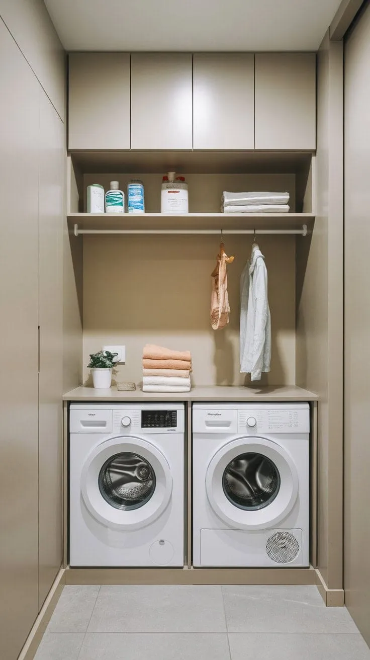 This cleverly designed laundry room demonstrates that even the tiniest spaces can deliver impressive functionality and style.