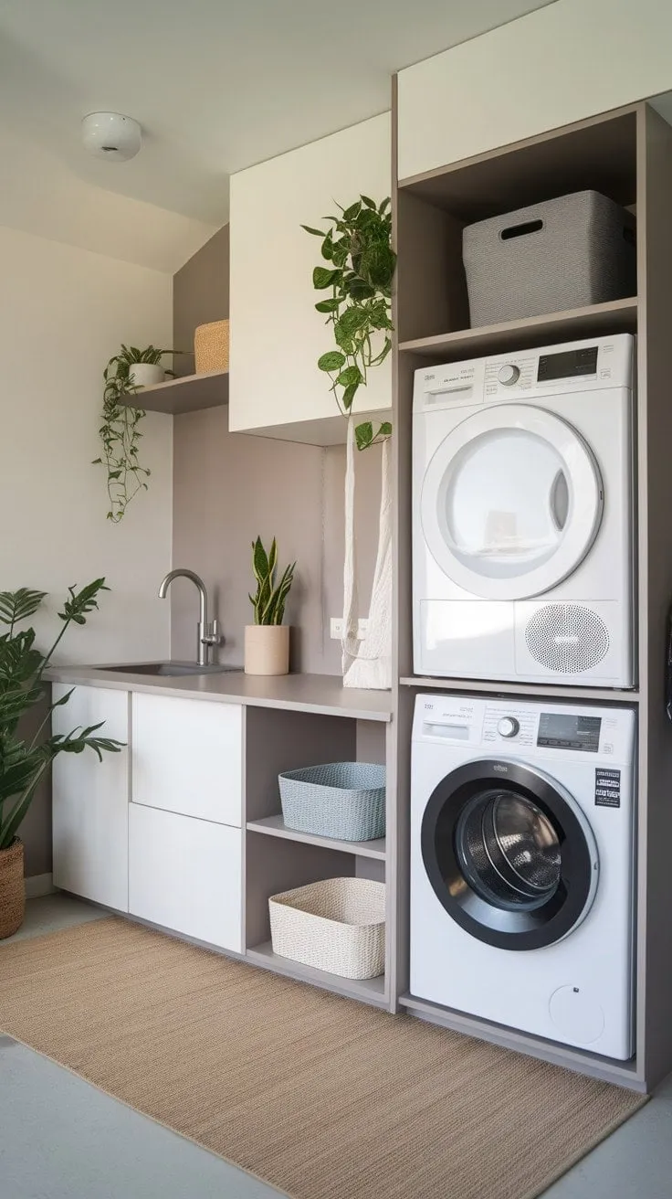 This compact laundry solution transforms small spaces into serene sanctuaries with its integrated washer-dryer, practical storage, and soothing design.