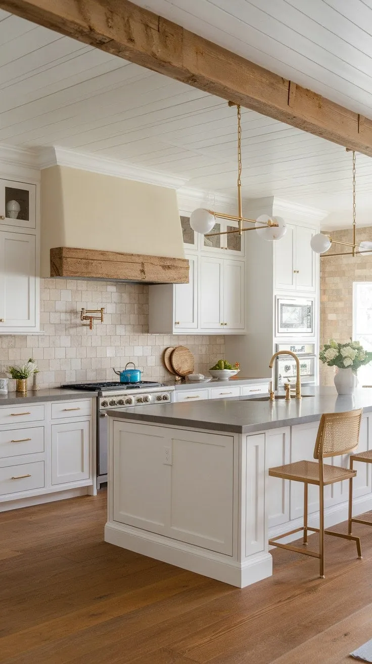 This kitchen masterfully combines country charm and modern elegance, creating a serene sanctuary with rich textures and luxurious gold accents.