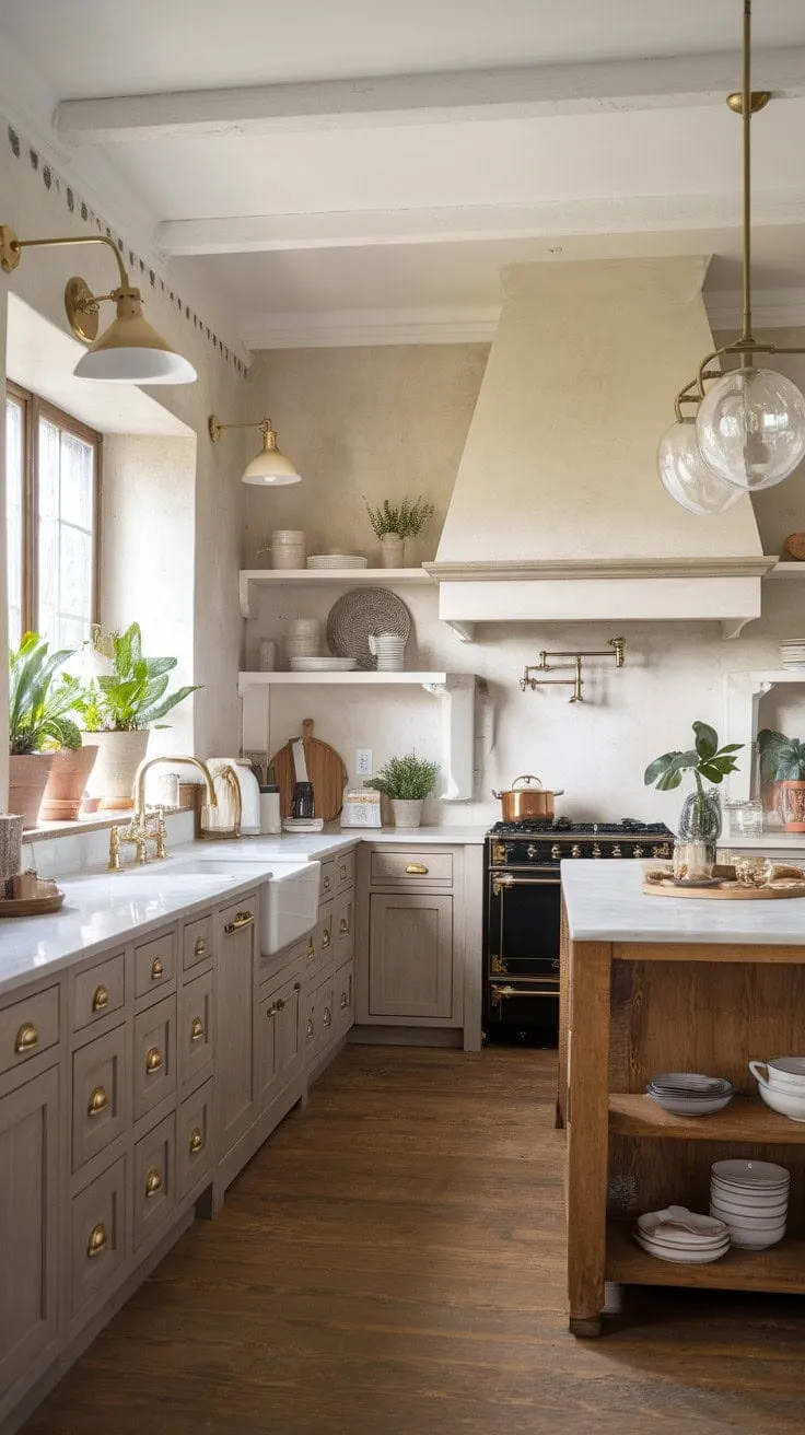 This modern farmhouse kitchen harmoniously fuses rustic charm with sleek elegance, making it a stylish sanctuary for culinary inspiration.