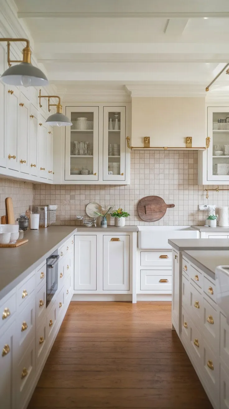 This kitchen beautifully fuses modern farmhouse charm with timeless elegance through a sophisticated neutral palette, gold accents, and a subtly patterned backsplash.