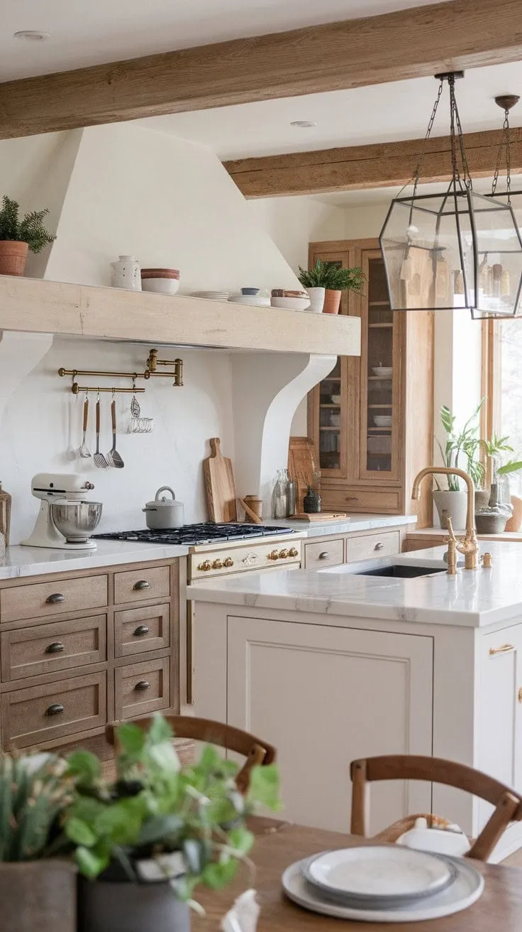 This kitchen masterfully harmonizes classic charm and modern elegance, featuring a marble-topped island with a gold faucet, warm wood accents, and inviting greenery for a perfect blend of luxury and comfort.