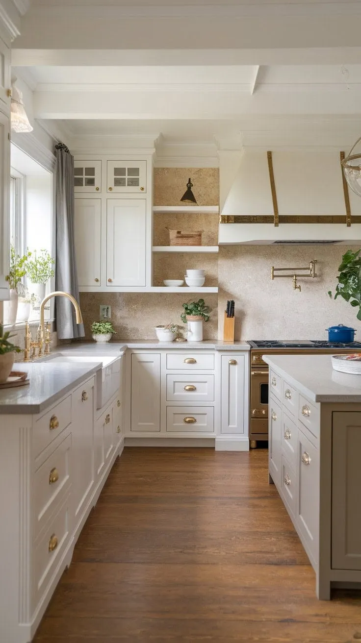 This kitchen masterfully blends modern elegance with country charm, featuring a neutral palette and warm wood floors that invite both sophistication and cozy gatherings.