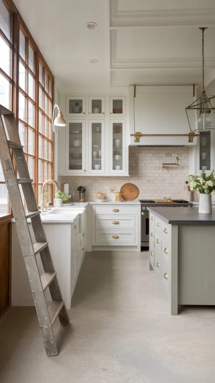 This kitchen masterfully blends understated elegance with rustic charm, featuring a serene palette of whites and greys accented by luxurious gold and vintage touches.