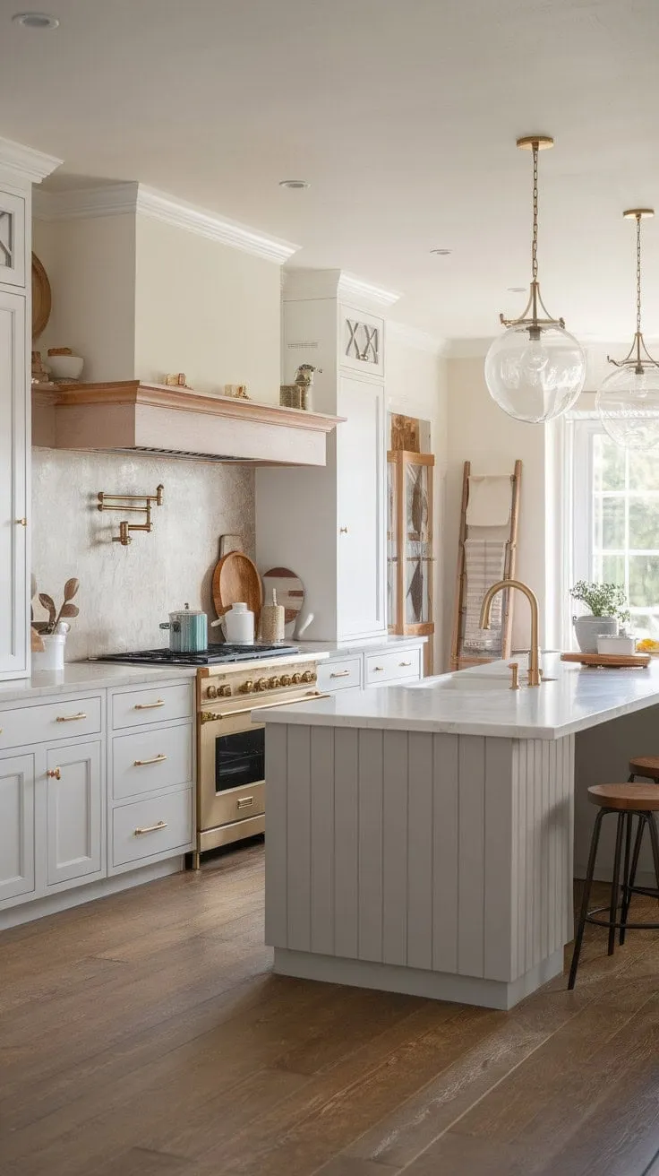 This kitchen harmoniously fuses farmhouse warmth with modern elegance, featuring a creamy beige backsplash, white cabinetry, and a striking grey island adorned with gold fixtures.