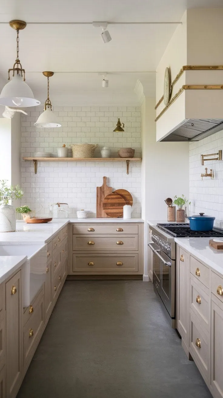 This modern farmhouse kitchen harmoniously fuses classic charm and contemporary style with light wood cabinets, white countertops, and golden accents, all while exuding warmth through rustic details.