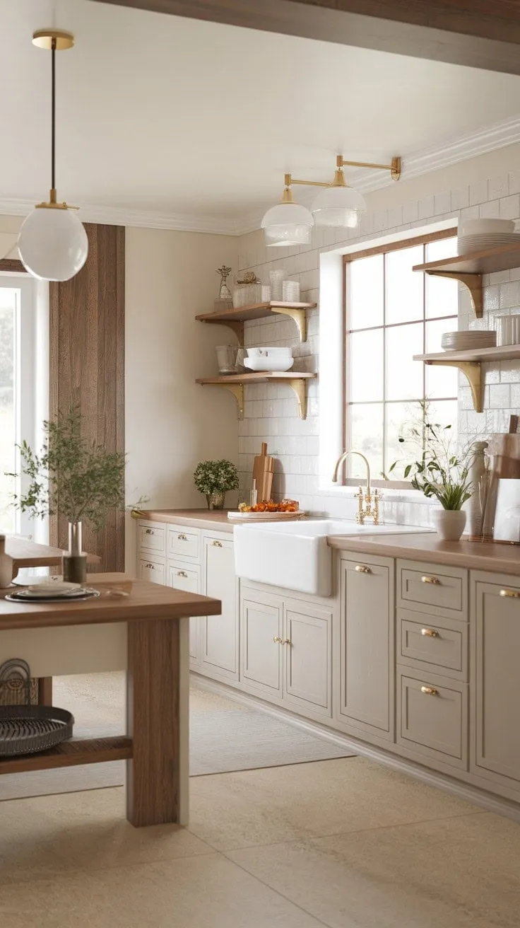 This modern farmhouse kitchen harmoniously combines warmth and sophistication with a neutral palette and rich accents, creating an inviting oasis for culinary creativity.