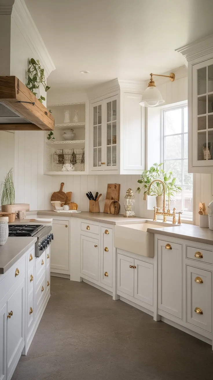 Where timeless design meets modern comfort. This kitchen's neutral palette, accented with warm wood and gleaming gold, creates a space that's both inviting and effortlessly chic. The subtle blend of classic farmhouse charm and contemporary elegance is truly captivating.