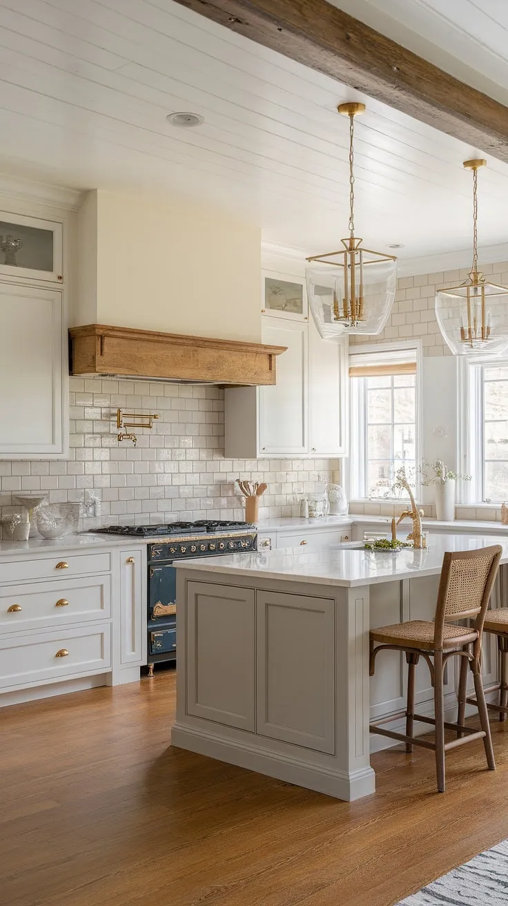 A dream kitchen realized: white cabinets, a warm beige backsplash, and a grey island create a serene space. The vintage range hood and wooden beam add a touch of rustic charm, while the gold hardware elevates the design to a new level of elegance. A truly stunning space.